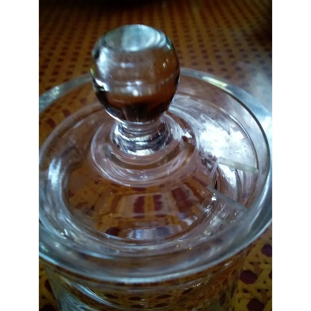Vintage Clear Glass Flower Etched Sugar Bowl & Lid With Opening For Spoon